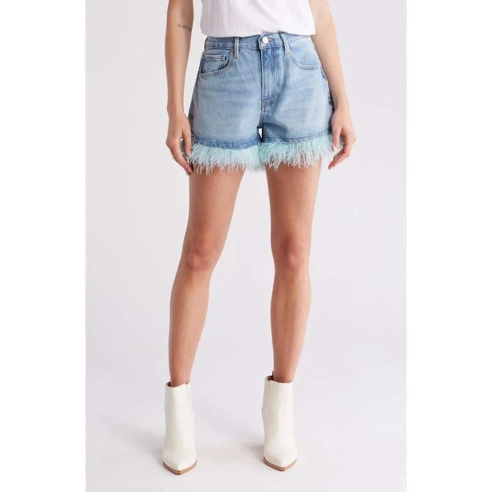 New! Frame Le Super high feather trimmed denim shorts size 25